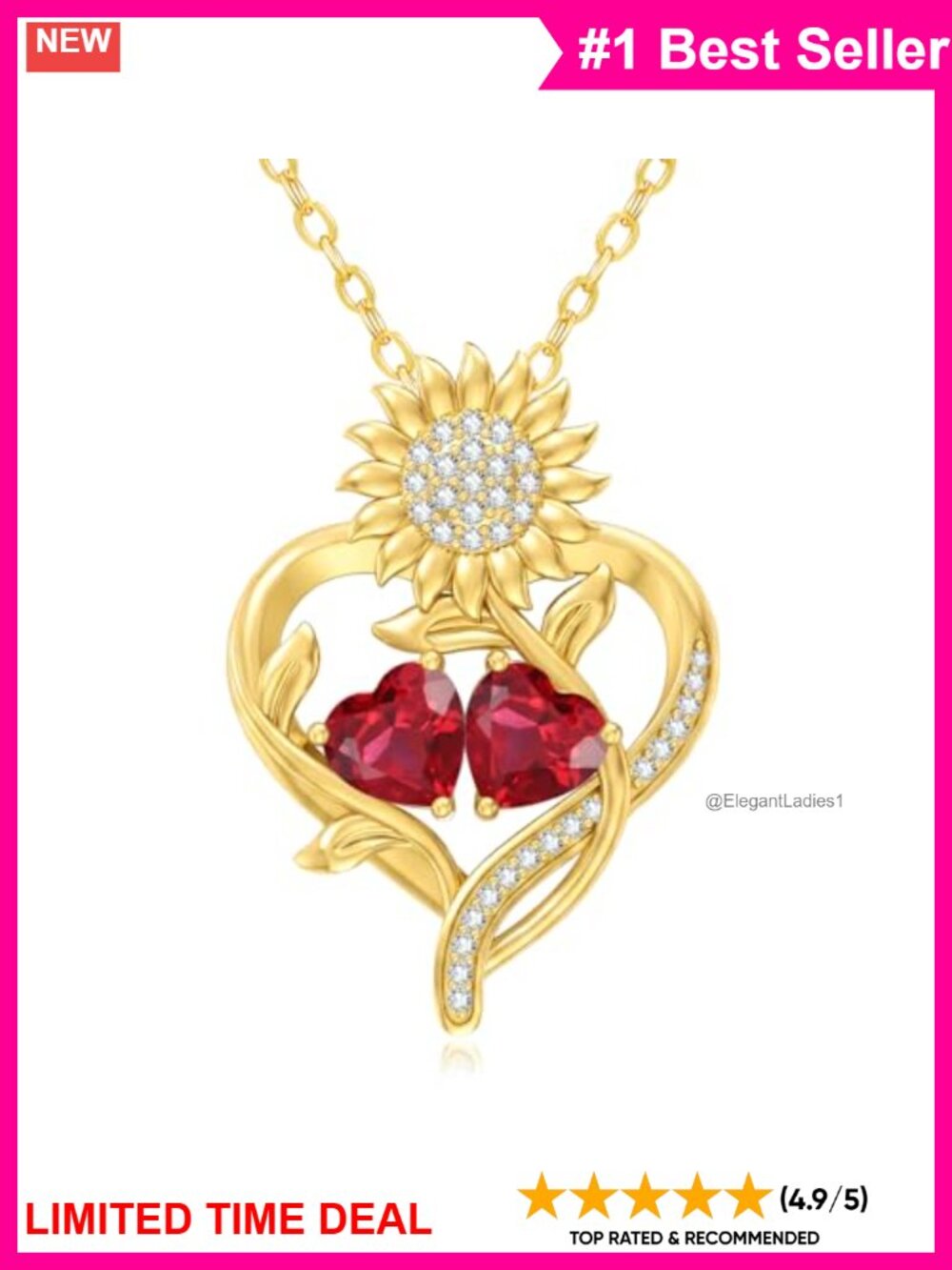 14K Gold Birthstone Necklace Sunflower Heart Pendant 18+2" Chain